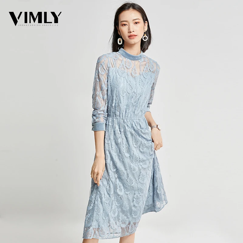Vimly осенние женские белые синие кружевные миди платья для вечеринок женские элегантные платья с эластичной резинкой на талии Женская офисная одежда Vestidos