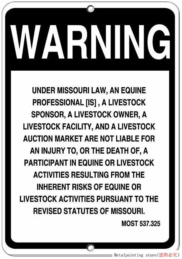 Stevenca металлический оловянный знак Missouri Law, Equine активист не несет ответственности за травму смерти 8 ''x 12'' Декор алюминиевый знак настенный знак