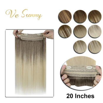 

VeSunny Invisible Wire Halo Hair Extensions Human Hair Flip in Fish Line with Clips on Balayage Light Root Blonde 20 Inches 50cm