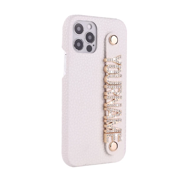 Luxury Custom Initial Name Pebble Leather Phone Case For iPhone 11 12 13 Pro Mini Max XR XS 7 8Plus Diamond Metal Letters Cover WHITE