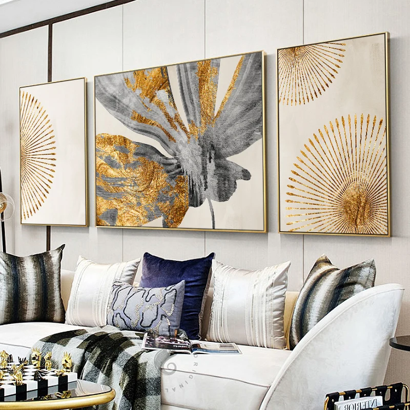 3 패널 추상 황금 꽃 예술 현대 사진 캔버스 회화 벽 포스터 거실 사무실 홈 장식 인쇄 Cuadros