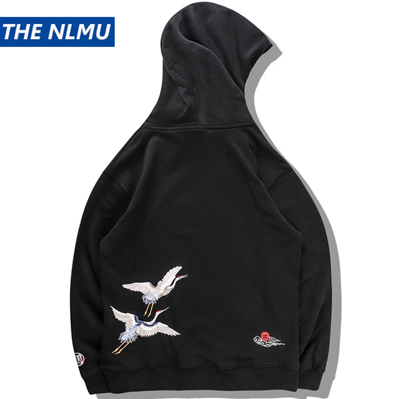 New Embroidered Crane Hoodies Sweatshirts Men Harajuku Printed Hip Hop Pullover Hoodie Streetwear Tops Male Black WO025