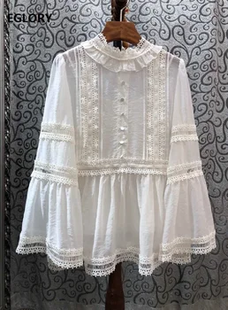 

Tops Fashion Designer Blouses Shirts 2020 Spring Summer Tops Women Ruffled Collar Appliques Lace Patchwork White Rose Red Blouse