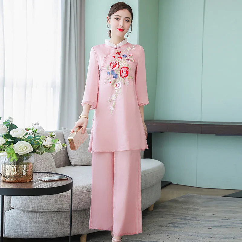

2019 New Style Set Two-Piece Set Chinese-style Nation Retro Casual Embroidered Cotton Linen Loose Pants WOMEN'S Suit