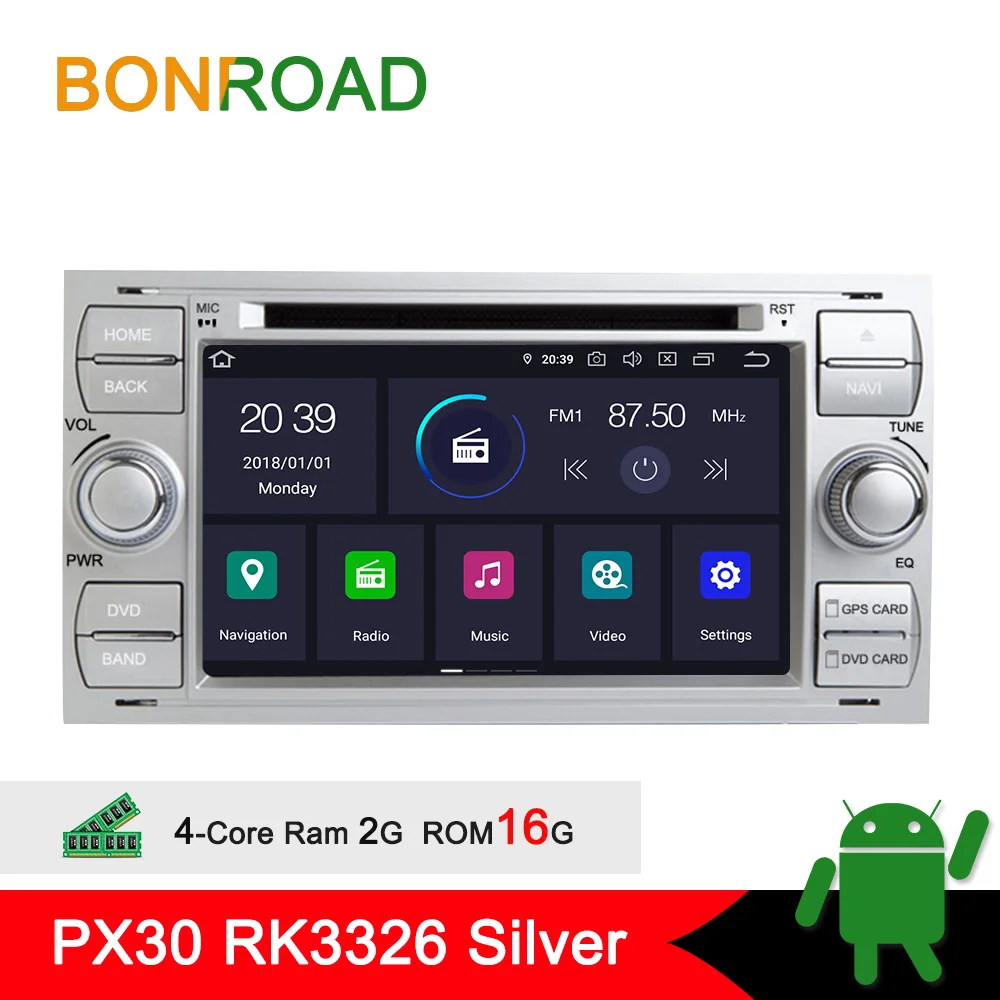 Bonroad " 2 din Android 9,0 для Focus/Fusion/Galaxy/S-Max/C-Max/transit Автомобильный мультимедийный плеер стерео радио gps навигация - Цвет: PX30 Silver NO DSP