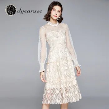 

Dyeansee Office Lady Chiffon Beautiful Dresses Maxi Women's Summer Dress Sundress 2020 Lace Dress Women Empire Full Sleeve White