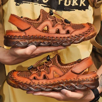 

man sandals 2020 summer for men handmade genuine leather roman shoes 39 hollow lightweight breathable casual beach rubber online