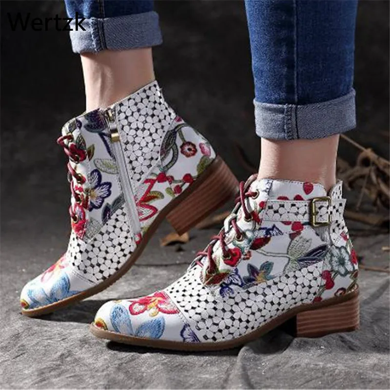 

Ink Painting Flower Pattern Boots Women Cow Leather Splicing Lace-Up Stitching Shoes Botas Feminina Dames Laarzen Ankle BootA729