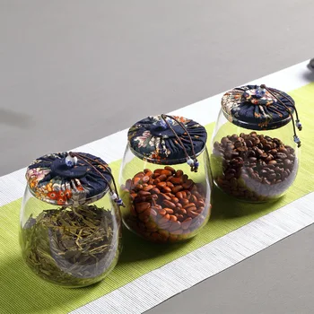 

Glass Tea Containers Cork Linen Cover Large Transparent Sealed Jar Flower Tea Candy Grains Snacks Storage Jar Tea Storage Box