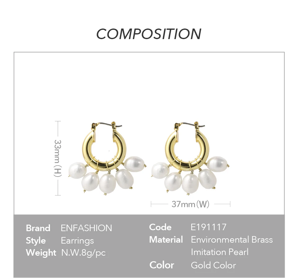 ENFASHION, серьги-кольца с натуральным жемчугом для женщин, золотого цвета, милые маленькие круглые обручи, серьги, модные ювелирные изделия Oorbellen E191117