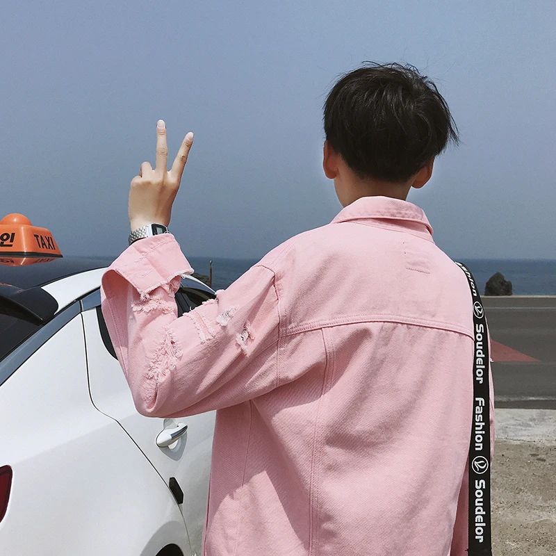 2020 рваная джинсовая куртка Мужская Ретро классическая черная розовая с