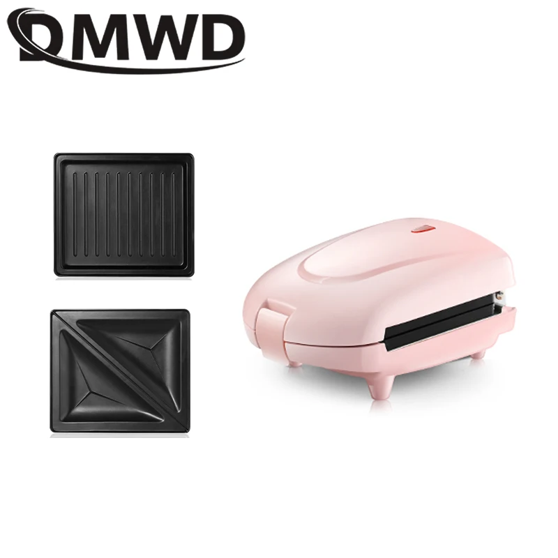 Pink 2 trays 3 DMWD мини Бутербродница электрическая вафельница машина Panini печь для выпечки торта Хлеб Маффин тостер для завтрака 3 дополнительные пластины ЕС - Цвет: Pink 2 trays 3