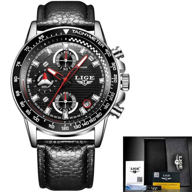 leather silver black Reloj Hombre LIGE повседневные Модные кварцевые часы мужские лучший бренд класса люкс спортивные автоматические с датой часы водонепроницаемые Хронограф+ коробка - Цвет: leather silver black