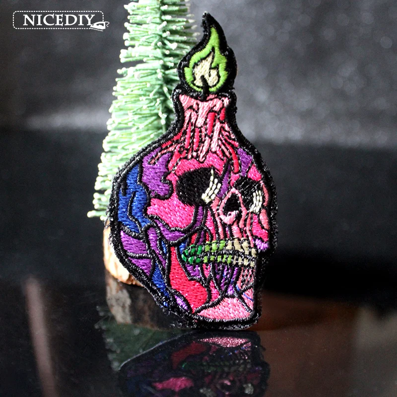 

Nicediy Skull Candle Applique On Clothes Iron on Patches Hippie Embroidered Patches For Clothing Hippie Grim Reaper Washable DIY