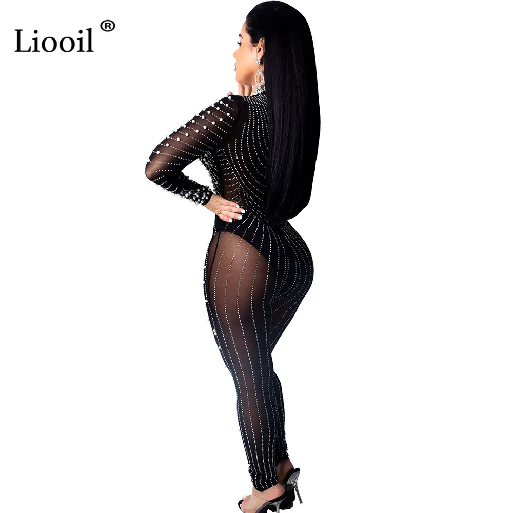 Liooil, черный, белый, прозрачный, сетчатый, бисероплетенный, Облегающий комбинезон, для женщин, Клубная одежда, с длинным рукавом, с круглым вырезом, алмазный, облегающий, вечерние, клубный, сексуальный комбинезон