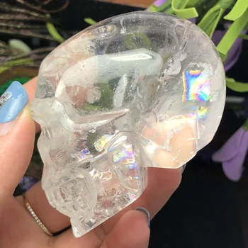 

Rainbow!!!Natural White Crystal Carved Skull statue Realistic Feng shui healing ability of the Stone Home Ornament free shipping