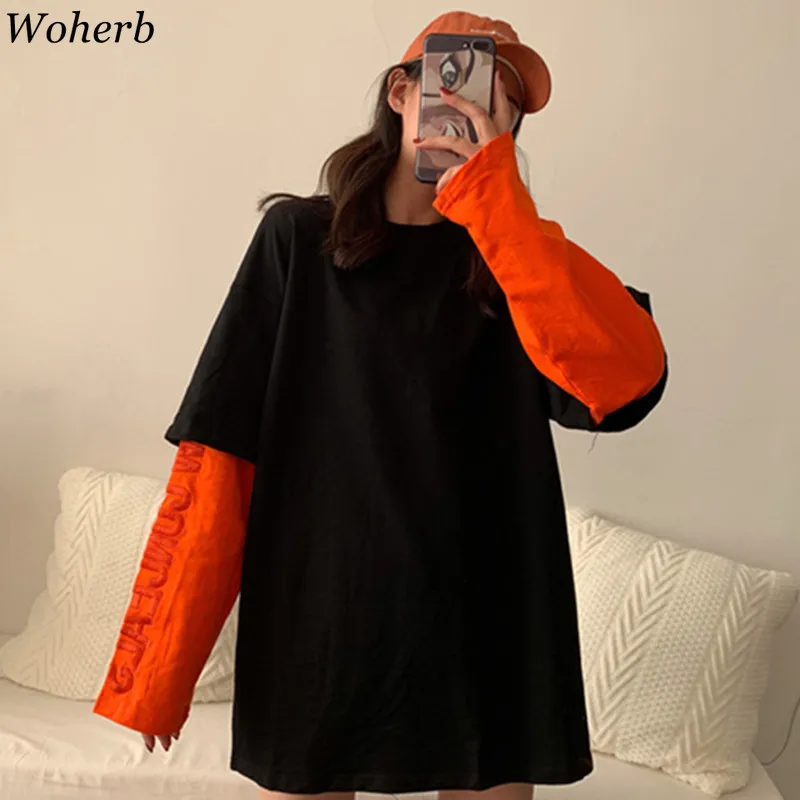 Woherb Harajuku Fake 2 шт. футболка Лоскутная Женская с длинным рукавом контрастная Повседневная Свободная Женская футболка топ Корейская уличная одежда