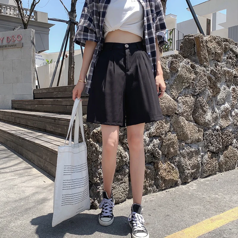 Летние повседневные шорты женские свободные широкие брюки Pantalon Femme высокая посадка на пуговице, абрикосовые шорты женская, одноцветная s-xxl