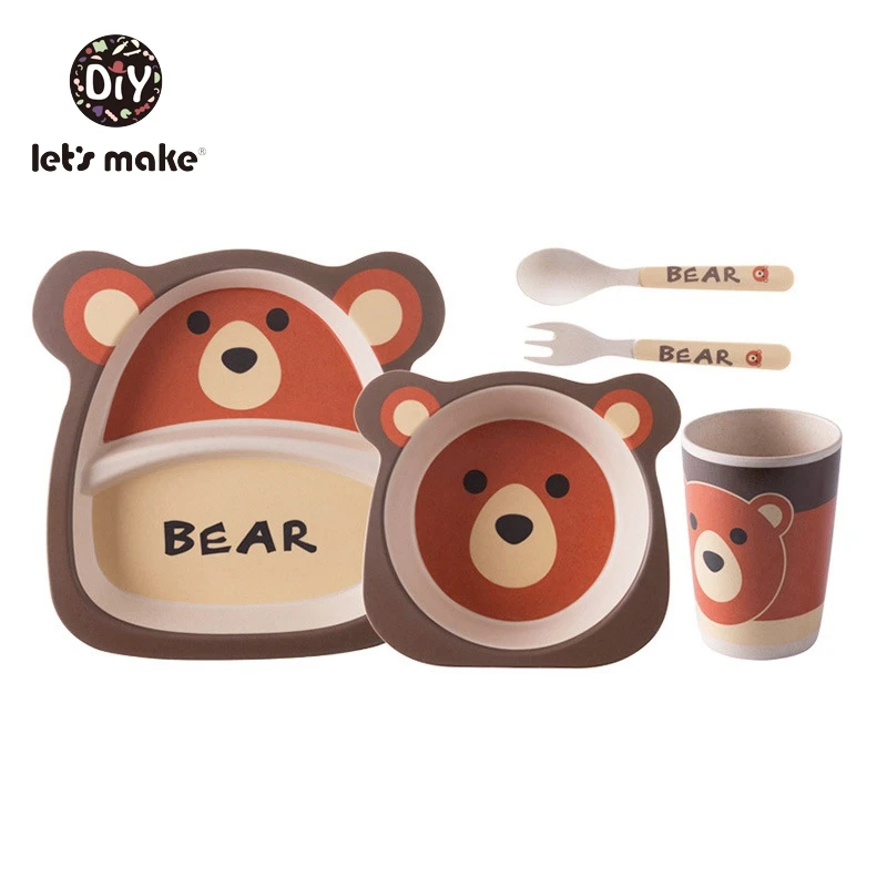 Brown bear set Давайте сделаем детские блюда детские бамбуковые столовые приборы набор тарелок миска Ложка Вилка Бутылка Чашка мультфильм животных Детская столовая утварь для кормления - Цвет: Brown bear set