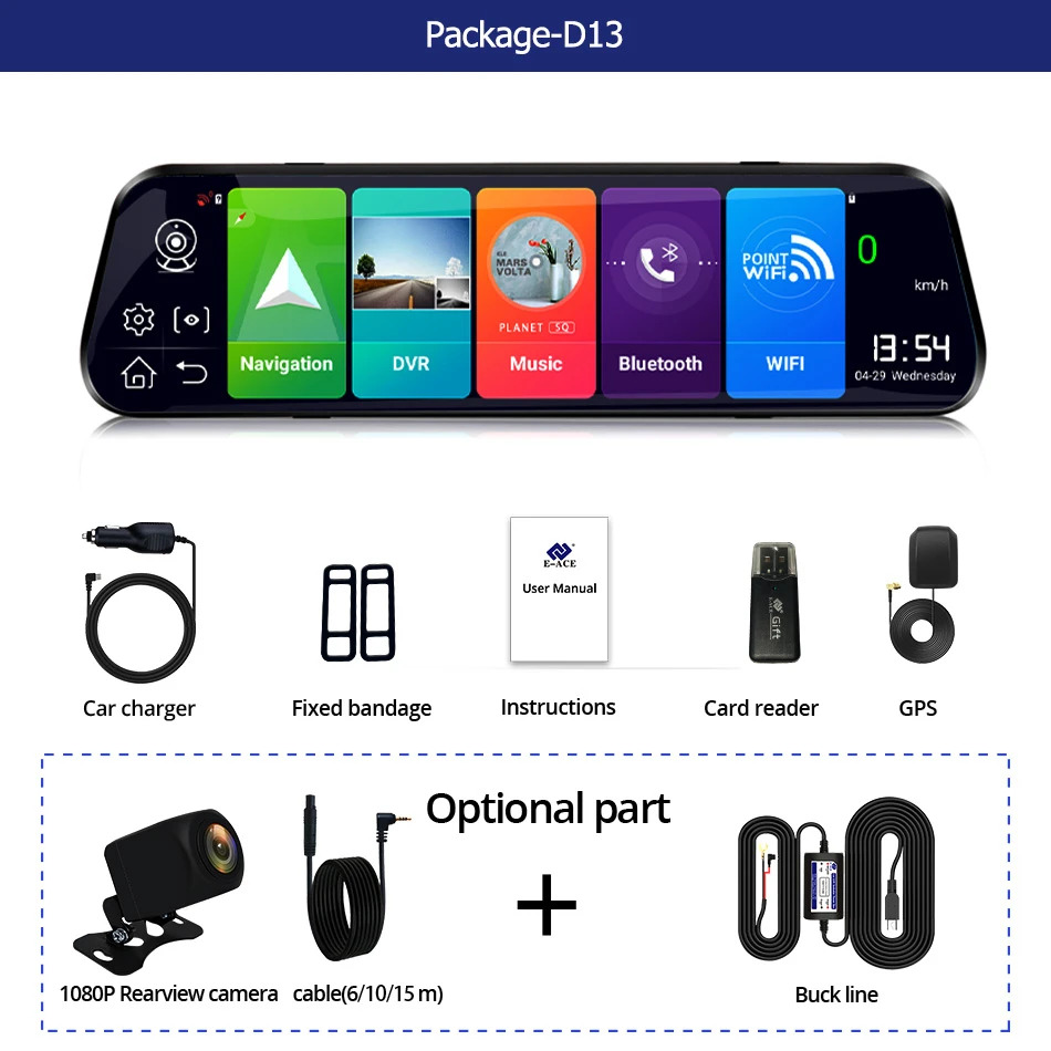 E ACE D13 Автомобильный видеорегистратор 4G Android GPS навигация FHD 10 дюймовый с камерой