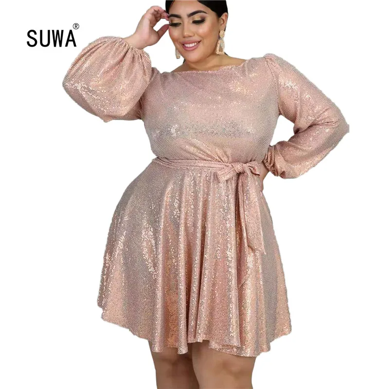 XXL-6XL, розовый, с блестками, высокая талия, плиссированные халаты, женское платье, невона, Осеннее, милое, Дамское, весеннее, с круглым вырезом, с поясом, Vestidos