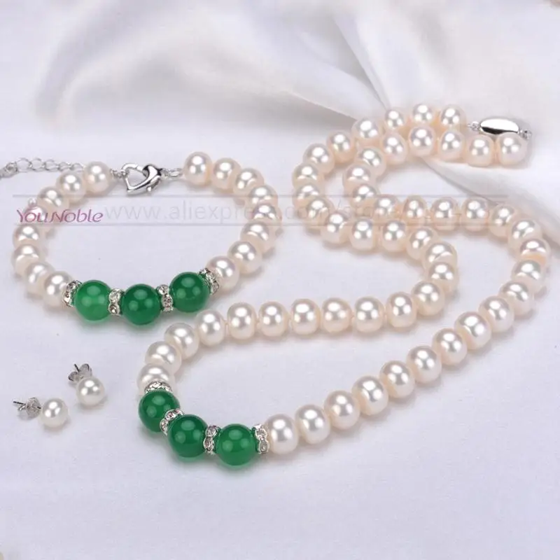 Green Jade Pearl Set Настоящий пресноводный жемчуг, ювелирный набор для женщин, белый натуральный жемчуг, набор, ожерелье, серьги, 925 серебро, лучший подарок на день рождения матери - Цвет камня: Green Jade Pearl Set