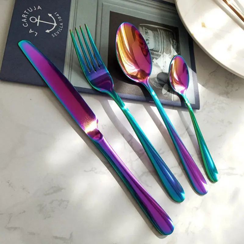 Rainbow Iridescent Stainless Steel Cutlery Set Spoons Forks Tableware(2 SET(8Pcs
