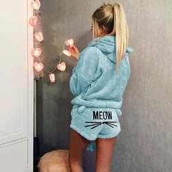 Women Coral Velvet Pajamas Set Autumn Winter Warm Pajamas Two Piece Set Sleepwear Cute Cat Meow Pattern Hoodies Shorts Set 5XL