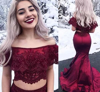 

New Arrival Mermaid Prom Dresses 2020 Boat Neck Floor Length Beaded Satin Evening Gowns Robe de soriee Vestido longo 2 Pieces