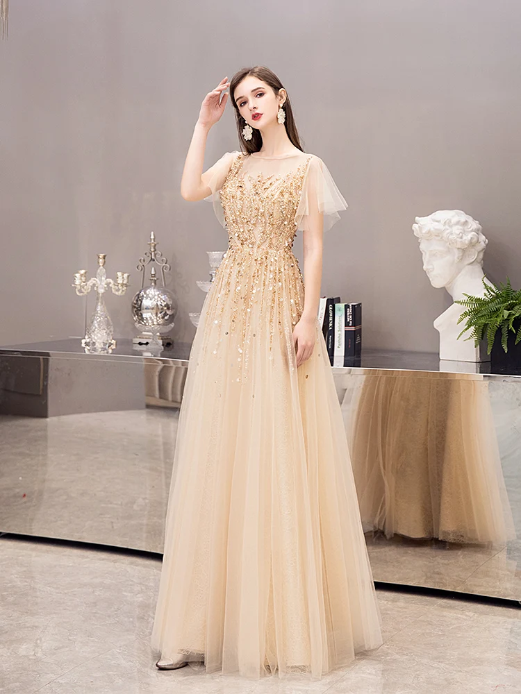 Elegant Gray Evening Dresses with Short Sleeves New Design Beaded Crystals Prom Party Gowns Tulle Floor Length Zipper Back - Цвет: champagne