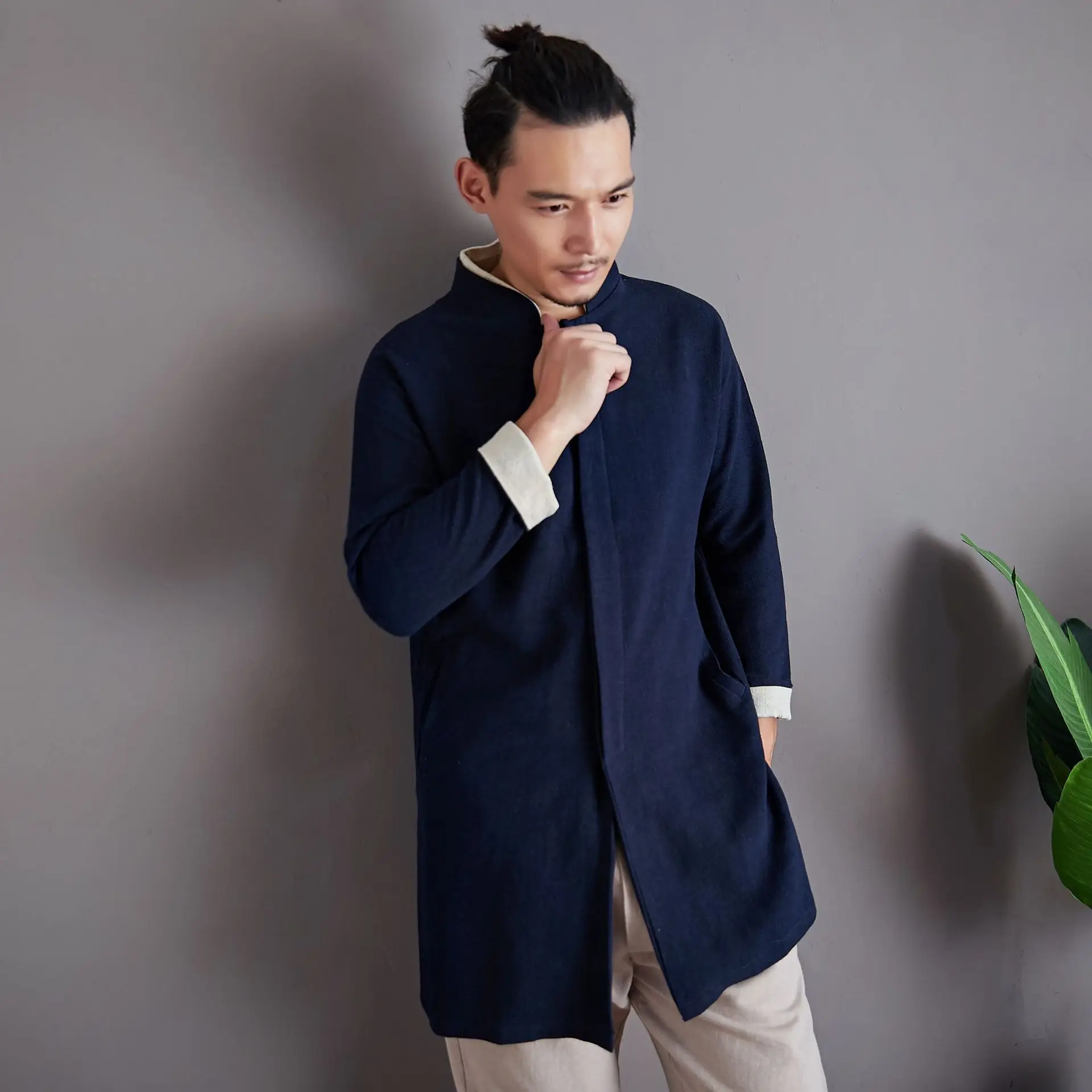 

Chinese-style White Dew Retro Stand Collar Long Sleeve Frog Tops Men's Pattern Linen Cardigan Slim Models Mixed Colors Shirt Cas