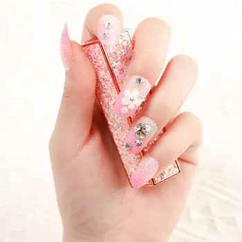 

Bride Fashion Shining Rhinestone Fake Nail Girls Simulation Pearl Candy Pink Color Printing Full Cover Artificial Nail with glue
