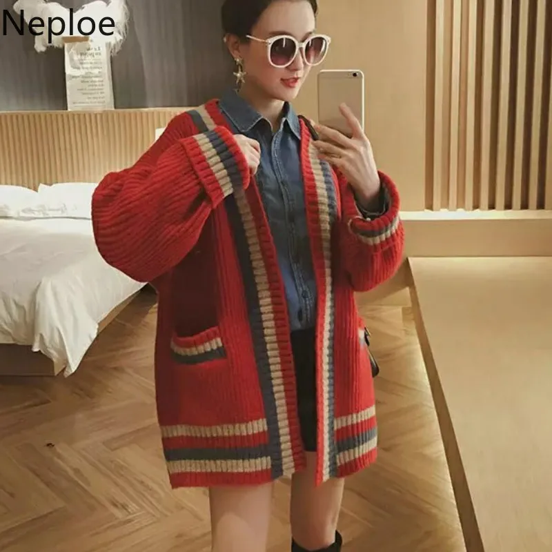 

Neploe Korean Casual V Neck Patchworkk Knit Cardigans Loose Wild Preppy Style Sheep Hair Open Stitch Autumn Thick Sweater 45678