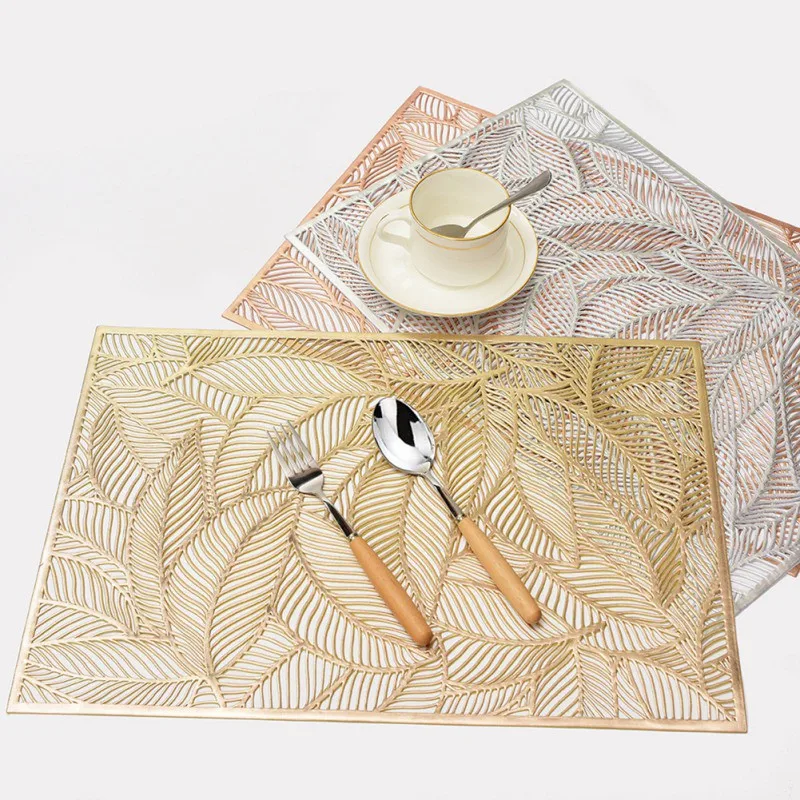 

PVC Gold Stamp Placemat Leaf Pattern Rectangle Western Table Mat Household Simple Placemat New