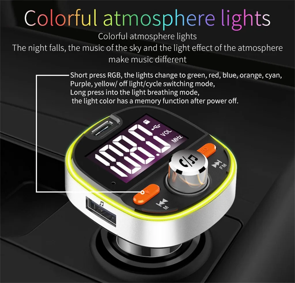 Fm-передатчик модулятор стерео радио Mp3 плеер Usb Tf Bluetooth V5.0 СВЕТОДИОДНЫЙ Красочный светильник Usb быстрое зарядное устройство fm-передатчик# Ger