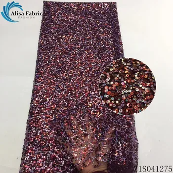 

Alisa african net lace fabric 2020 high quality embroidered with sequins 5 yards/piece nigerian tulle laces fabrics for sewing
