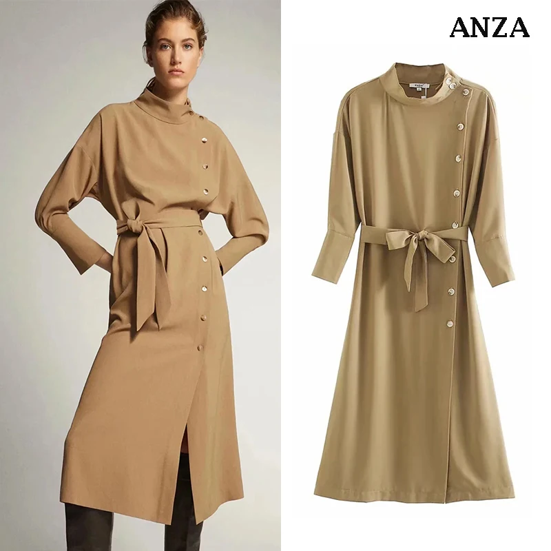 Женское муслиновое платье ZA однотонное повседневное хлопковое цвета хаки с