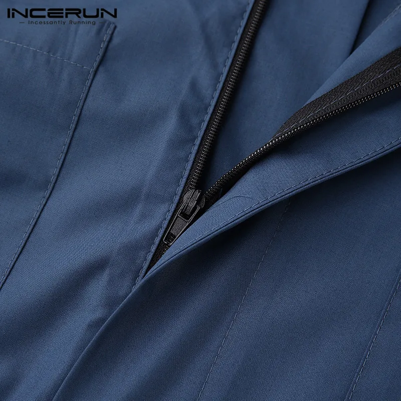 INCERUN, Мужская Однотонная рубашка с коротким рукавом, комбинезон, модный, комфортный, Карго, комбинезоны, повседневные, Джокер, на молнии, мужские комбинезоны, уличная одежда