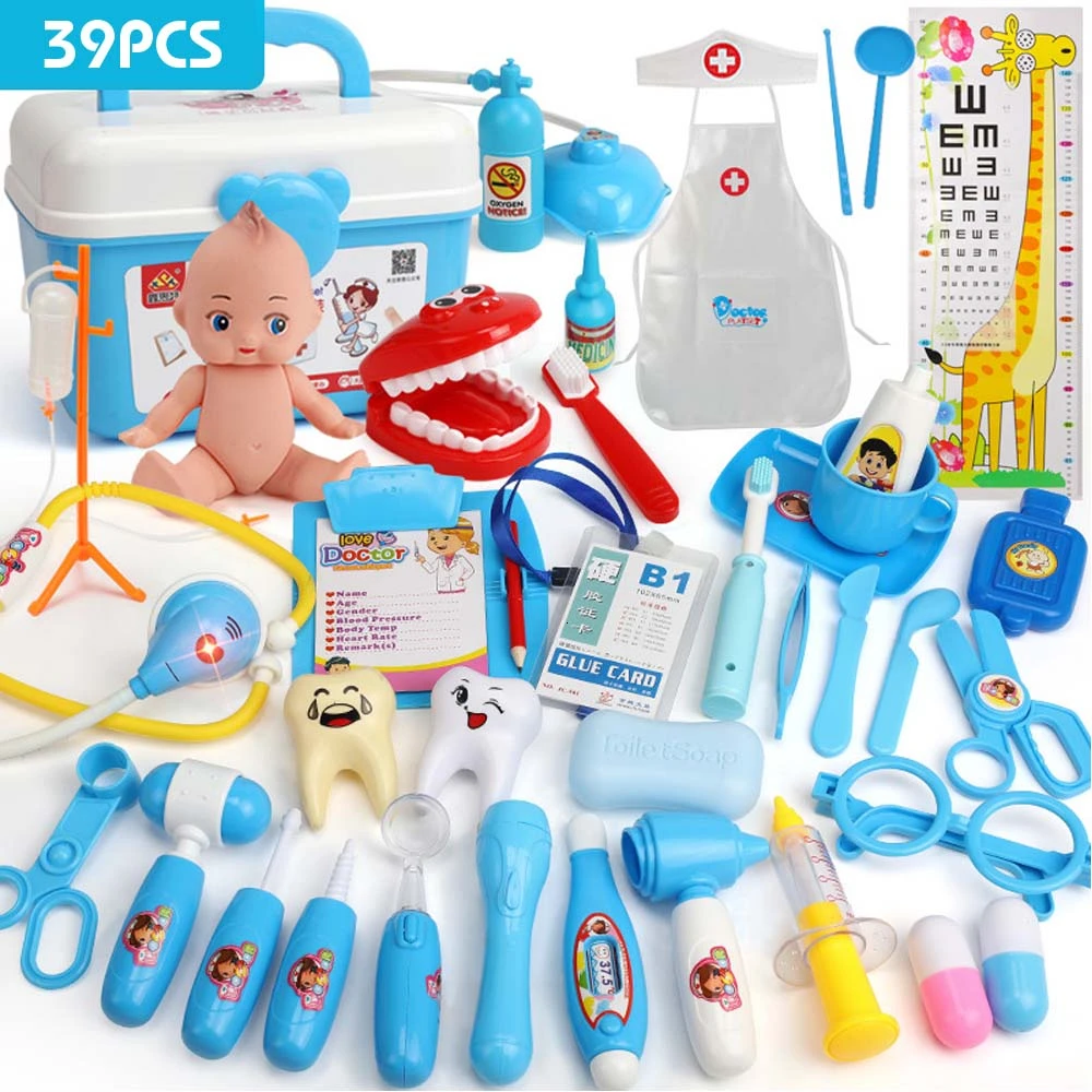 21-39 шт., детские игрушки для ролевых игр, набор для доктора, медицинский набор для моделирования с портативным чемоданом, игрушки для ролевых игр для девочек, инструмент для зубного врача - Цвет: 39PCS Blue