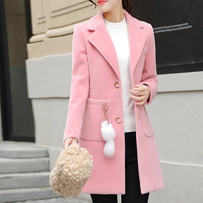 Pink Однотонное зимнее шерстяное пальто, женское тонкое теплое толстое длинное пальто с карманами, куртки корейского размера плюс, кашемировое пальто для офисных дам - Цвет: Pink