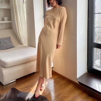 

Hirsionsan Chic Satin Ladies Dresses 2020 New Korean OL Long Sleeve Dress Elegant Soft Sexy Solid Dresses Women Party Dress