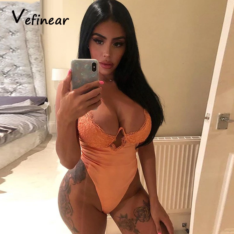 Vefinear New Summer Sexy Black Lace Women Bodysuits Sleeveless Hammock Patchwork Hollow Out Shoulder Strap Jumpsuit