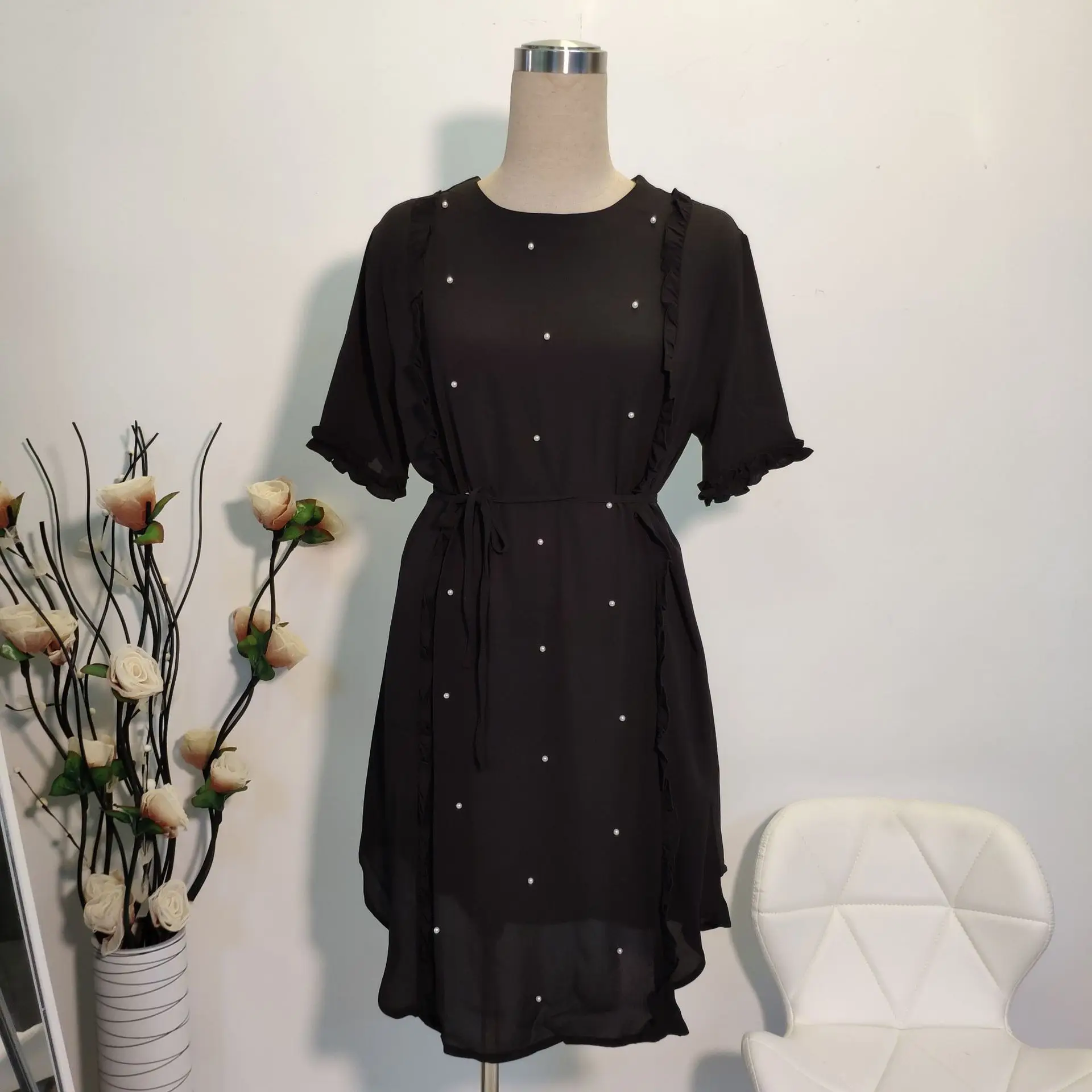 TUHAO, большие размеры 5XL 4XL 3XL, черные шифоновые блузки с бисером, женские длинные топы, модные повседневные рубашки с бисером, женские блузки WM01