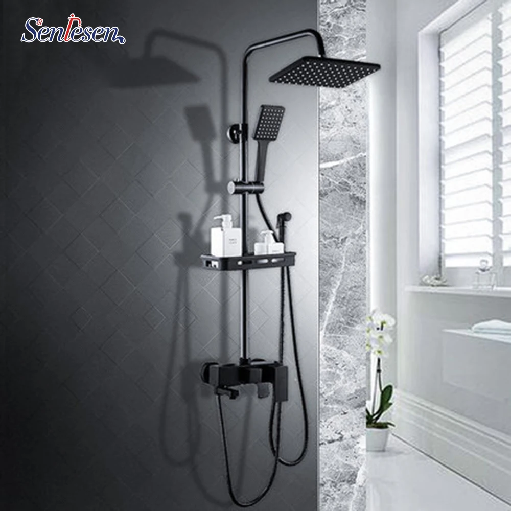 

Senlesen Bathroom Shower Faucet Black Brass Wall Mounted W/ Hand Shower Set Cold and Hot Water Mixer Tap