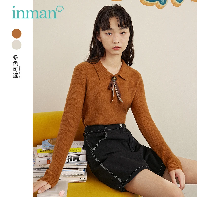 

INMAN Women's Sweater Autumn Winter Vintage Minimalist Polo Collar Bow Tie Young Pure Color Pullover Top
