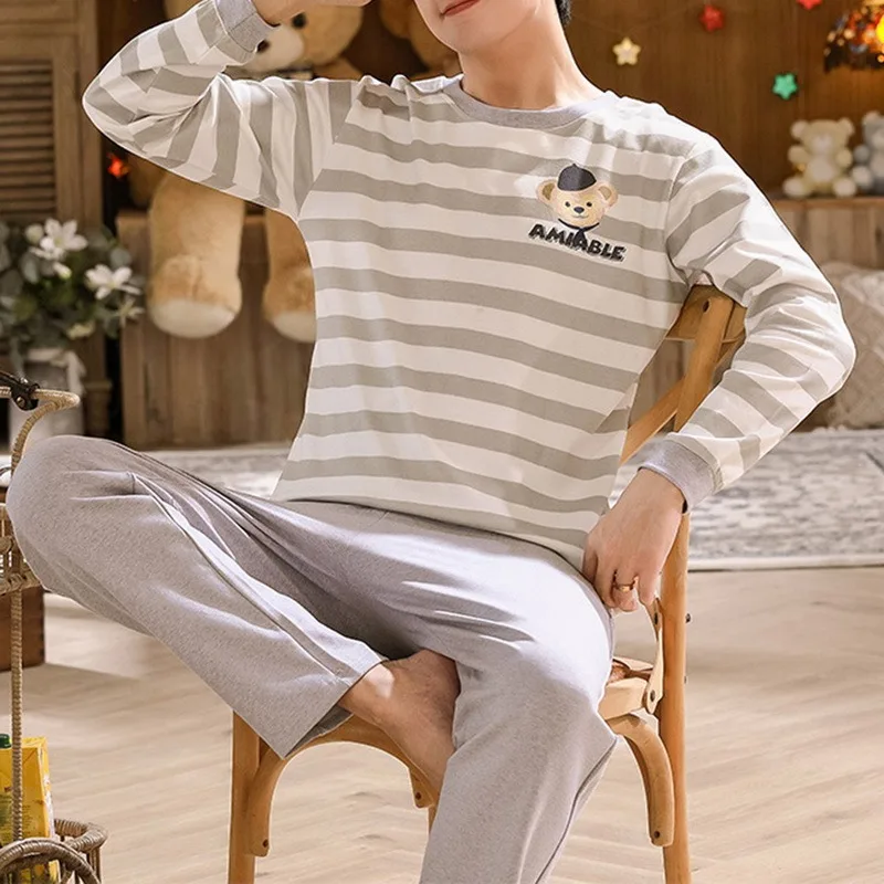 Autumn Winter Men&#39s Cotton Pajamas Letter Striped Sleepwear Cartoon Pajama Sets Casual Sleep&Lounge Pyjamas Plus Size 3XL pajama joggers