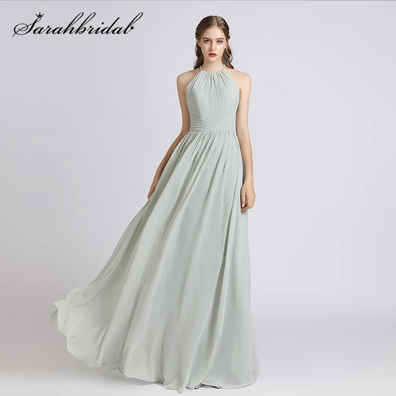 New Elegant 2021 A Line Halter Bridesmaids Dresses Floor Length Chiffon Lady Wedding Party Prom Formal Maid Of Honor Gowns 5643