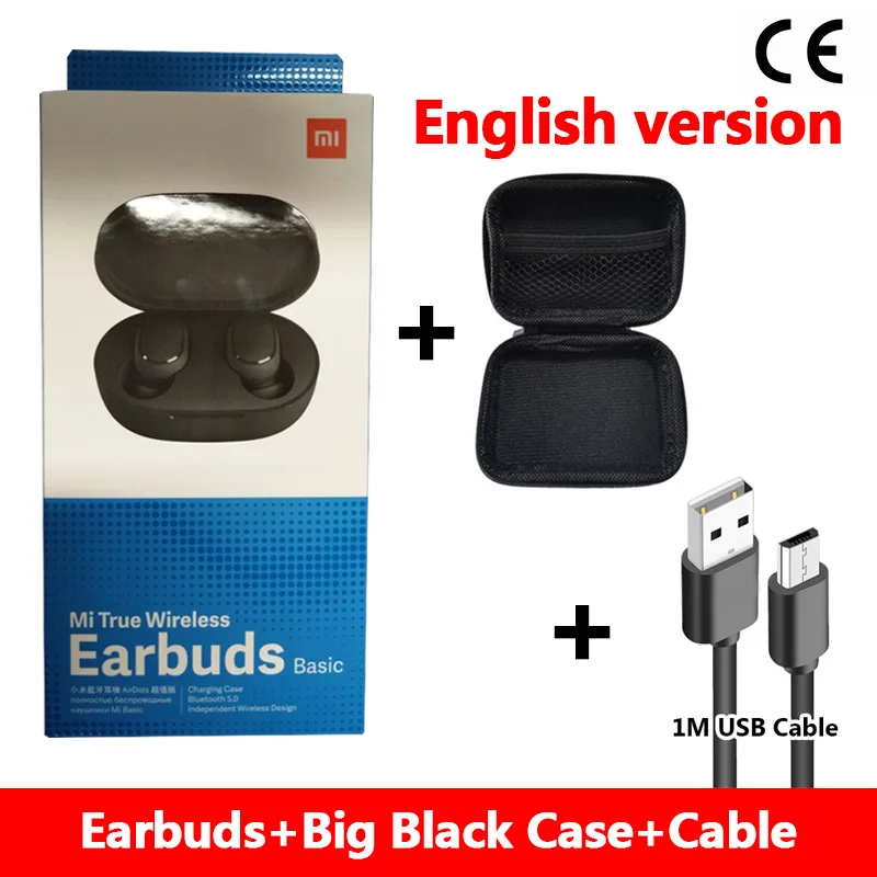 cable big case Английская версия Xiaomi Mi настоящие беспроводные Bluetooth наушники, стерео бас беспроводная Гарнитура шумоподавления Handsfree AI управление - Цвет: cable big case