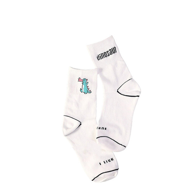 Kawaii Milk Banana Dinosaur Pencil Rocket Cartoon Socks Novelty Illustration Letter White Cute Cotton Sokke Dropship