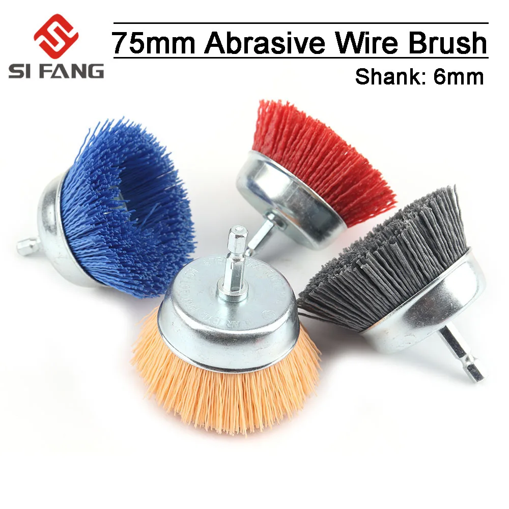 75MM Nylon Tasse Pinsel Schleif Draht Rad Pinsel Für Bohrer Dreh Werkzeug Holz Polieren Entgraten 6mm Schaft Mit 80-240Grit